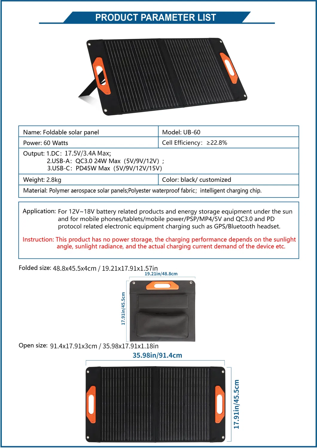 60W Fast Charging Solar Charger Solar Cell Foldable Solar Panel