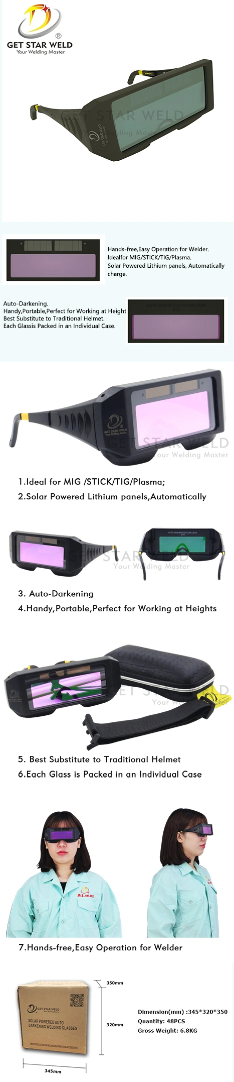 Get Star Weld Black Solar Powered Auto Darkening Welding Safety Glasses GS-3008