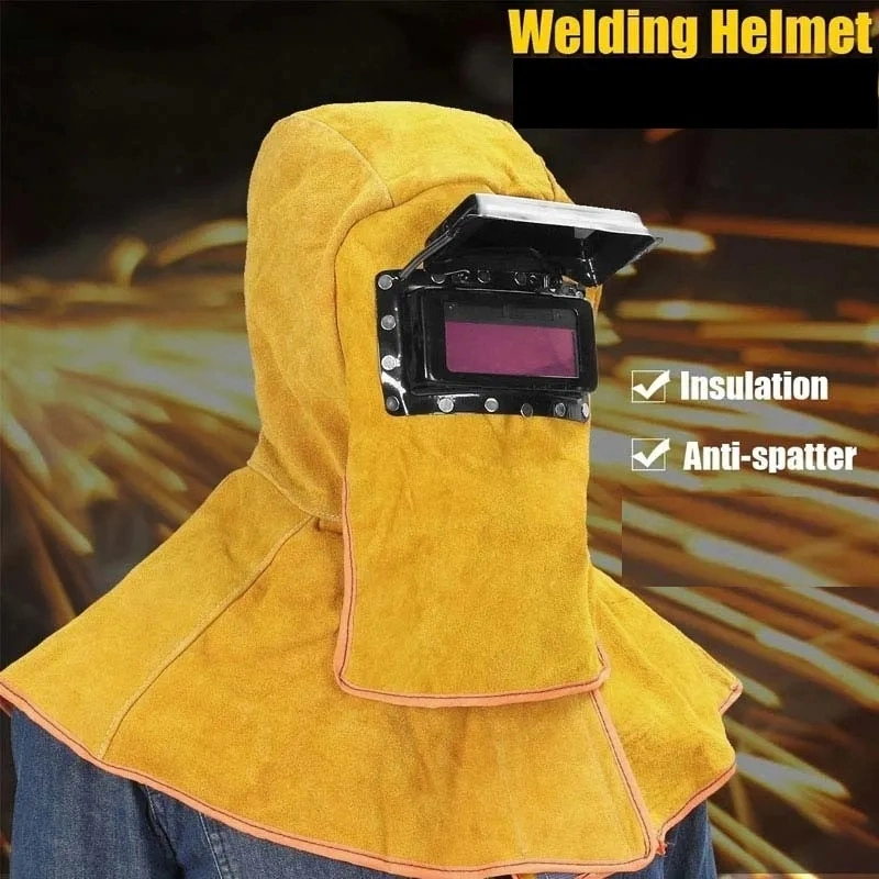 Cowhide Leather Welder Hood Welding Helmet Protective Gear Mask Work Cap, Solar Auto Darkening Filter Lens