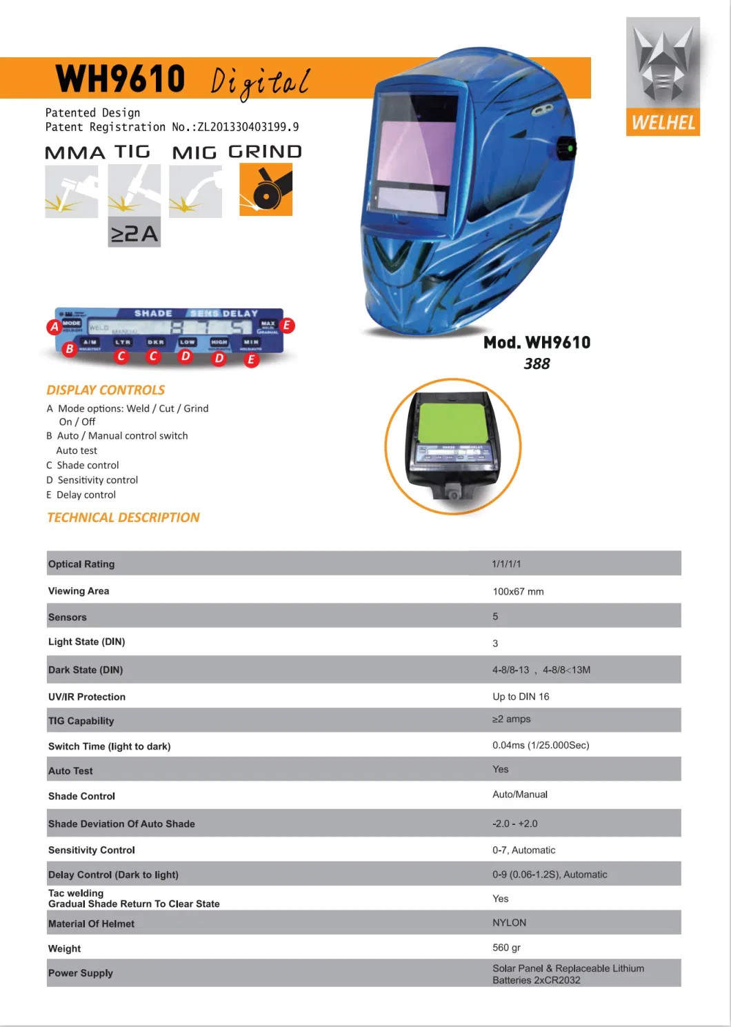 Automatic Test /Welding Helmet/Wh9610/Tac Welding