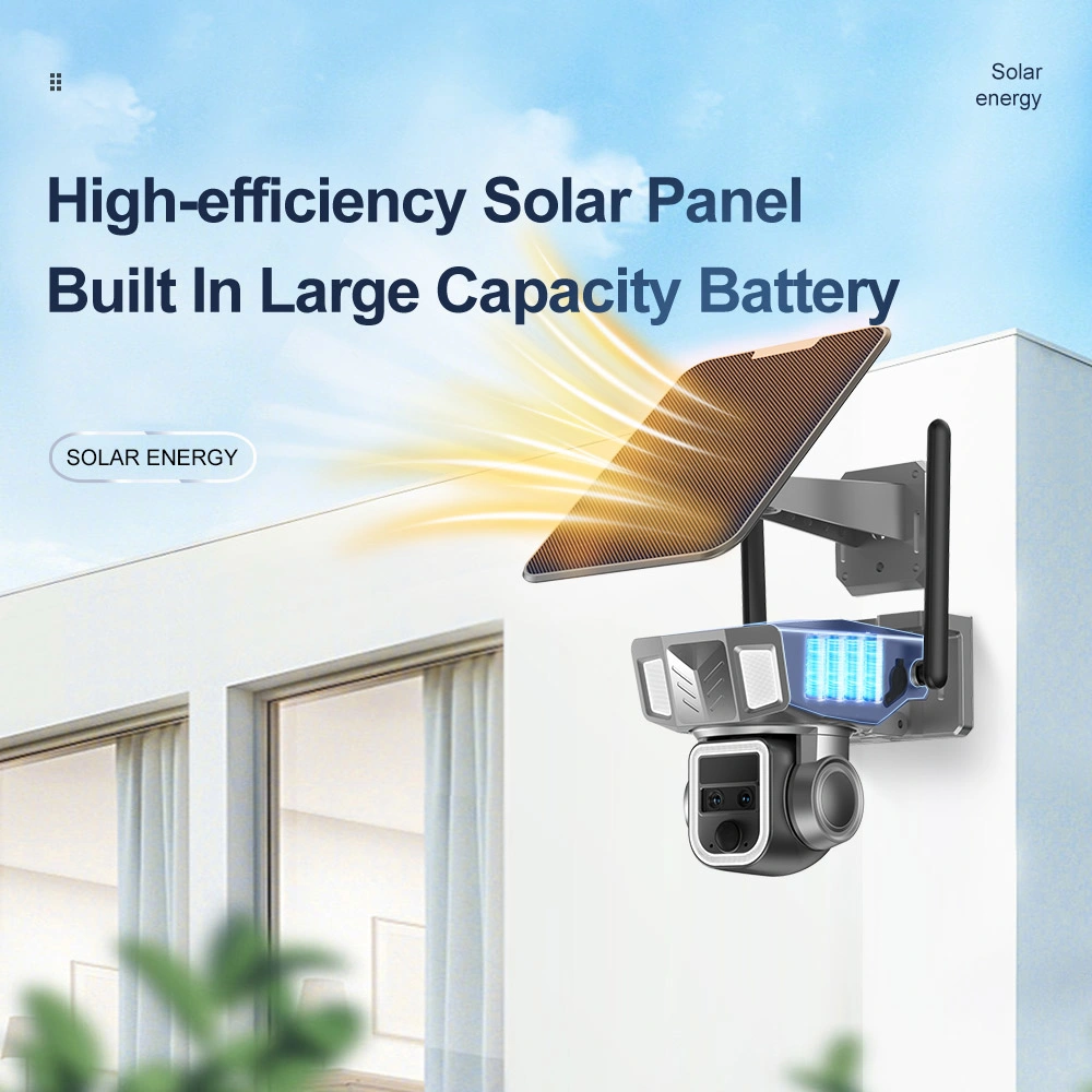 2K/ 4MP Multi-Lens 4G &amp; WiFi Solar Powered Battery Floodlight PTZ Camera 2.8mm Wide-Angle Lens and 6mm+16mm PTZ Lens Support 4G and WiFi