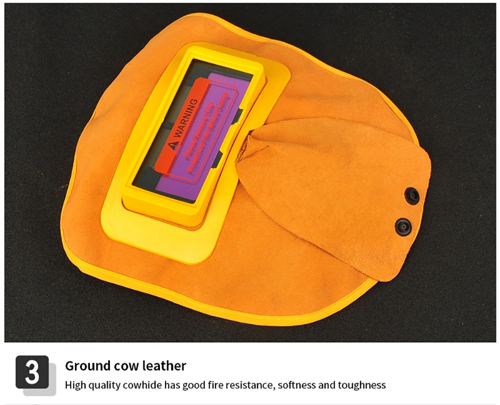 Solar Power Yellow Cow Leather Auto Darkening Welding Mask with Lithium Battery