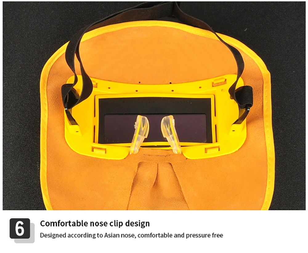 Solar Power Yellow Cow Leather Auto Darkening Welding Mask with Lithium Battery