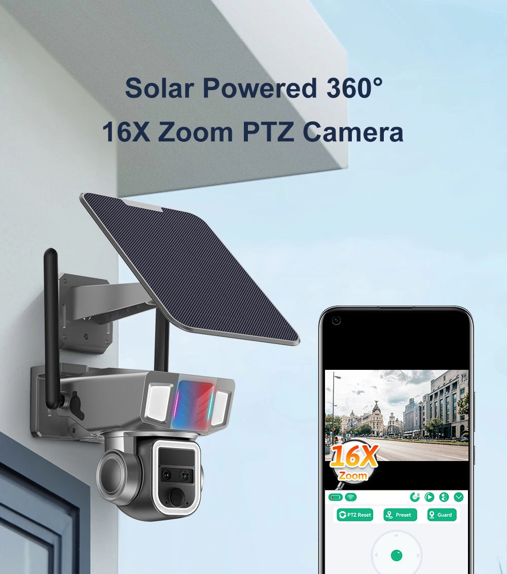 2K/ 4MP Multi-Lens 4G &amp; WiFi Solar Powered Battery Floodlight PTZ Camera 2.8mm Wide-Angle Lens and 6mm+16mm PTZ Lens Support 4G and WiFi