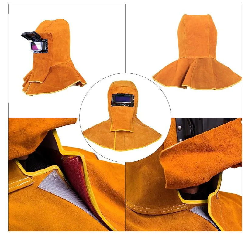 Cowhide Leather Welder Hood Welding Helmet Protective Gear Mask Work Cap with Neck Shoulder Drape, Solar Auto Darkening Filter Lens