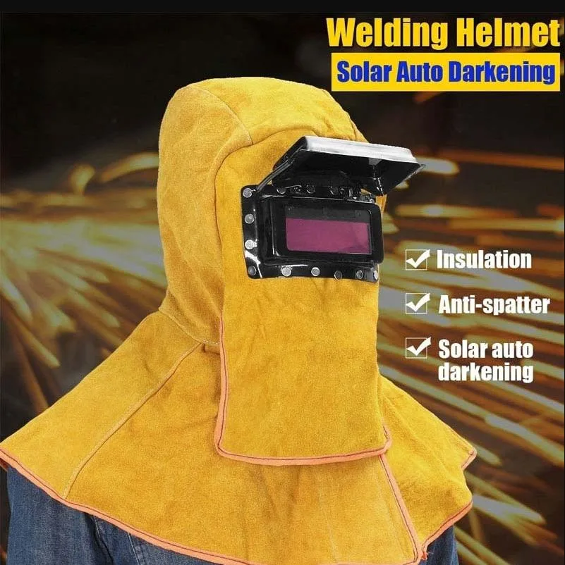 Leather Welder Hood Welding Helmet-Solar Auto Darkening Welding Mask Leather Head-Mounted Shawl Welding Protective Mask