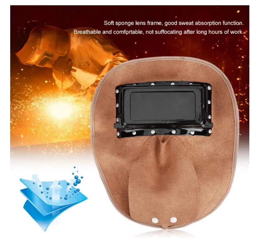 Cowhide Leather Welding Mask Heat Resistant Breathable with Lens Welding Work Hat for Polishing Welding Workplaces