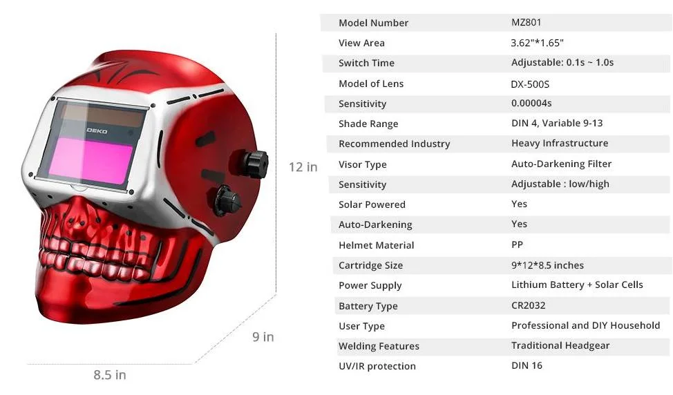 Welding Helmet - Solar Power Auto Darkening Welding Helmet - Adjustable Shade Range 4/9-13 for MIG TIG Arc - Welder Mask (Skull Design)