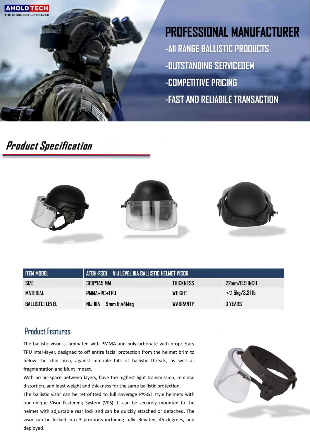 Safety Protecion Ballistic Bulletproof Face Shield Helmet Visor Nij Iiia for Pasgt M88