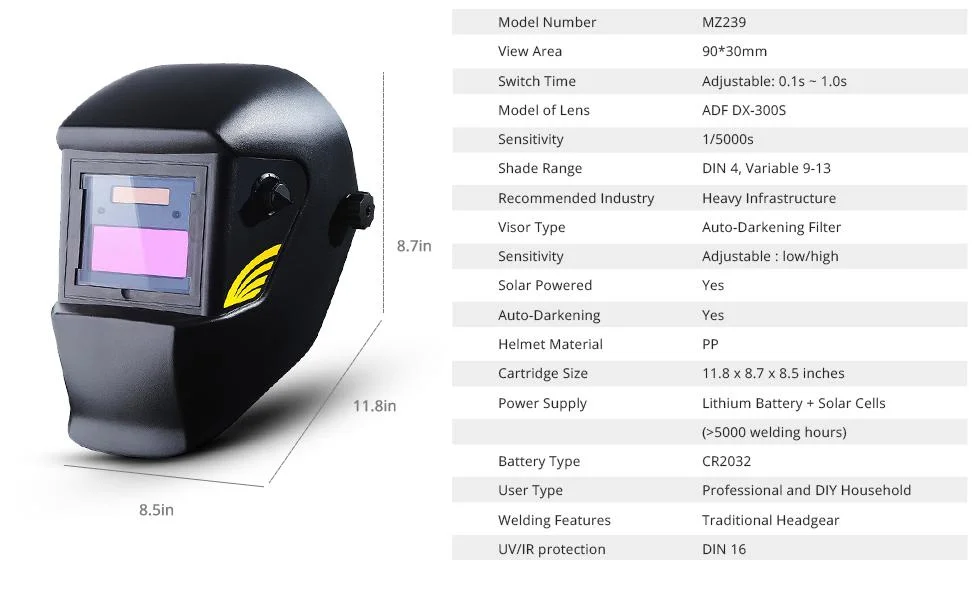 Welding Helmet Solar Powered Auto Darkening Hood with Adjustable Shade Range 4/9-13 for MIG TIG Arc Welder Mask Black