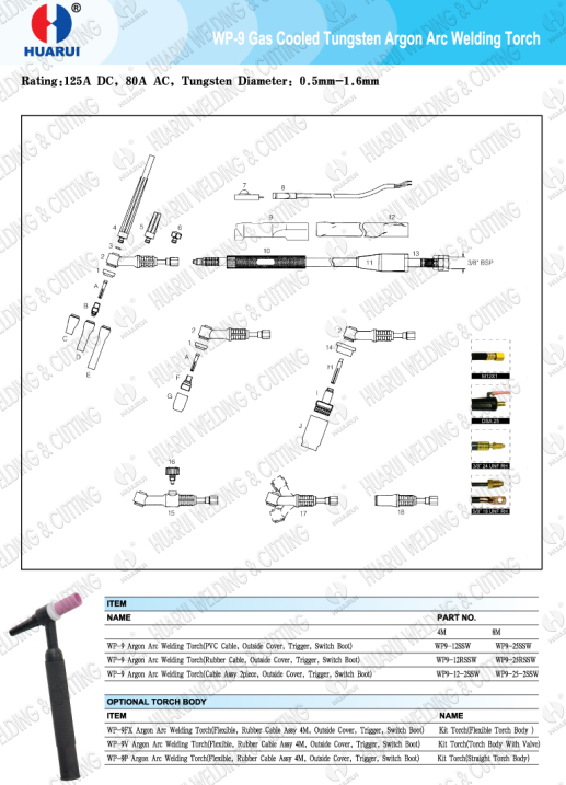 Huarui Gtaw TIG Argon Arc Tungsten Welding Torch TIG Wp9 Wp9 Wp26 Air-Cooled