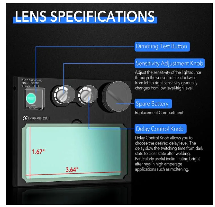 Automatic Darkening Solar Welding Mask Welding Helmet, 9-13 DIN Adjustable, Delayed Dimmable, Pack of 5 Replacement Lenses for MIG, Mag, Welding Cutting