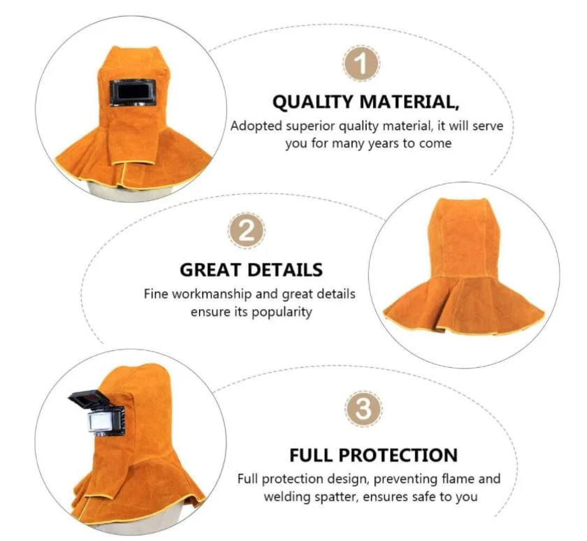 Cowhide Leather Welder Hood Welding Helmet Protective Gear Mask Work Cap with Neck Shoulder Drape, Solar Auto Darkening Filter Lens