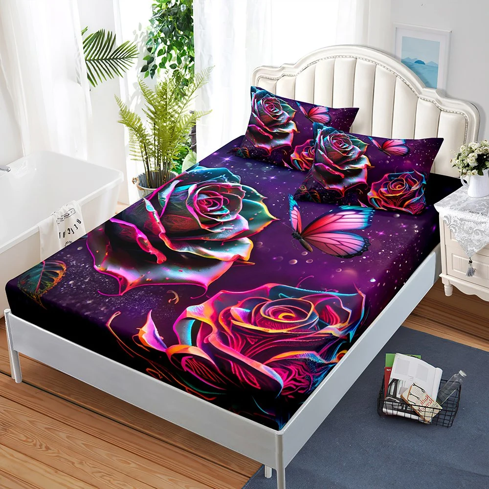 Rose 3D Digital Printing Design Fitted Sheets Set 3PCS Mattress Covers