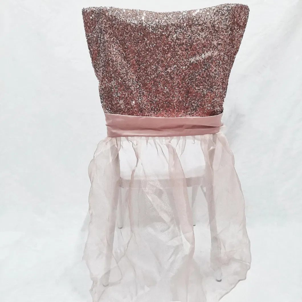 Wholesale Rose Gold Sequin Chair Back Covers Organza Chair Skirt for Party Banquet Dinning Wedding Event Decoration