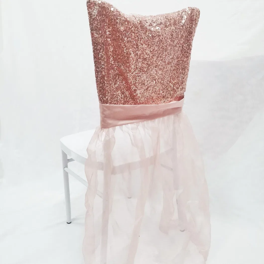 Wholesale Rose Gold Sequin Chair Back Covers Organza Chair Skirt for Party Banquet Dinning Wedding Event Decoration