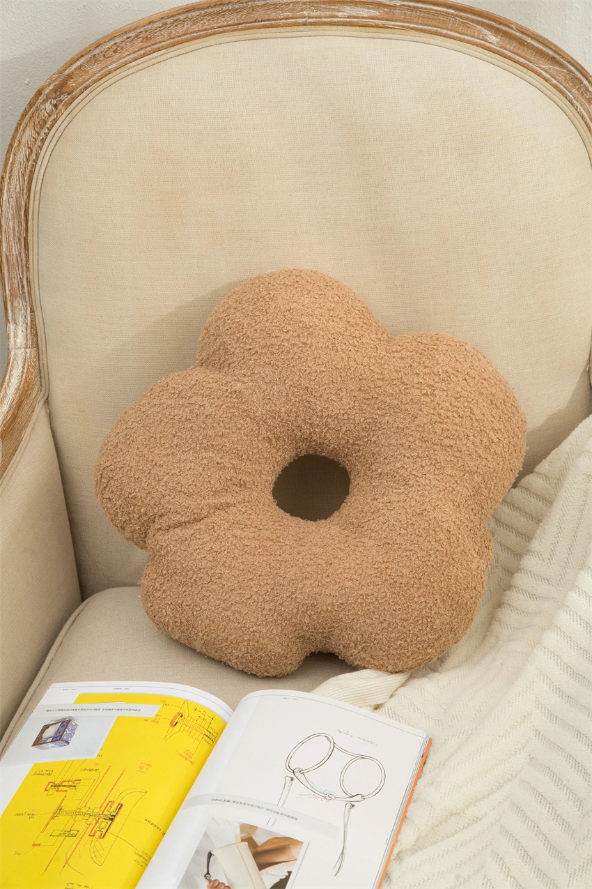 Flower Shape Teddy Fluffy Seat Pad Fluffy Cream Beige Mustard Brown Pillow Cushion