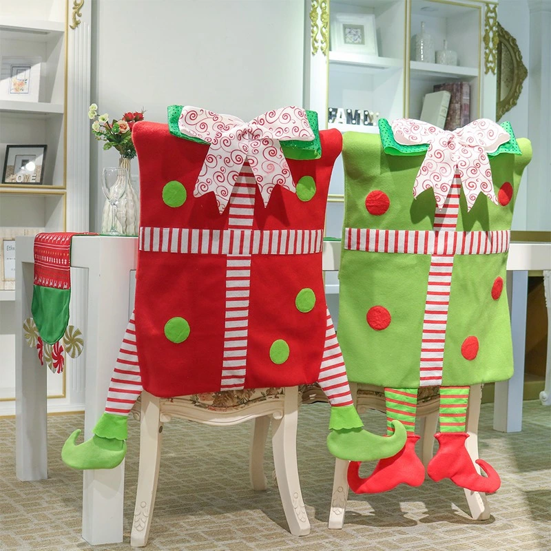 Xmas Ornaments Chair Cover Christmas Red Green Elf Striped Legs Felt Decorative