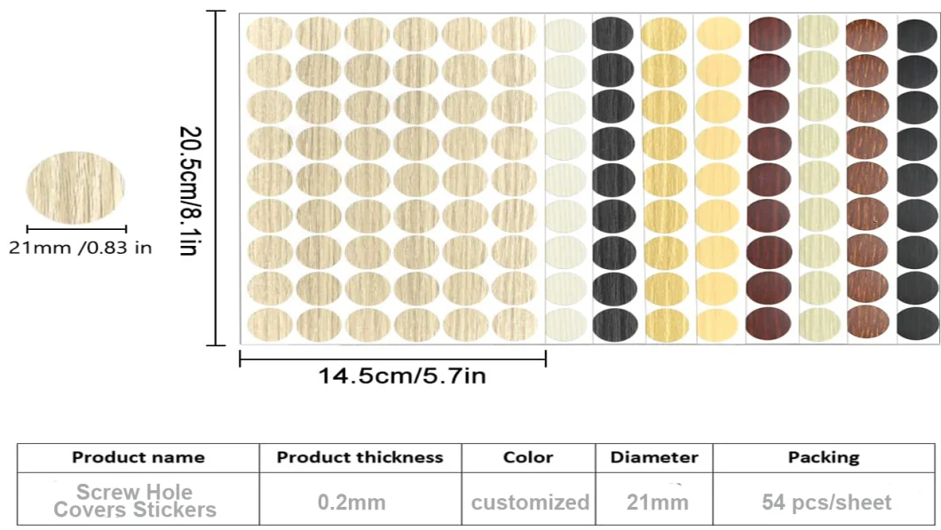 Dia 21mmteak Veneer Plastic Laminate PVC Fastcaps Wood Teak Screw Hole Sticker Oak Veneer Pocket Hole Screw Covers