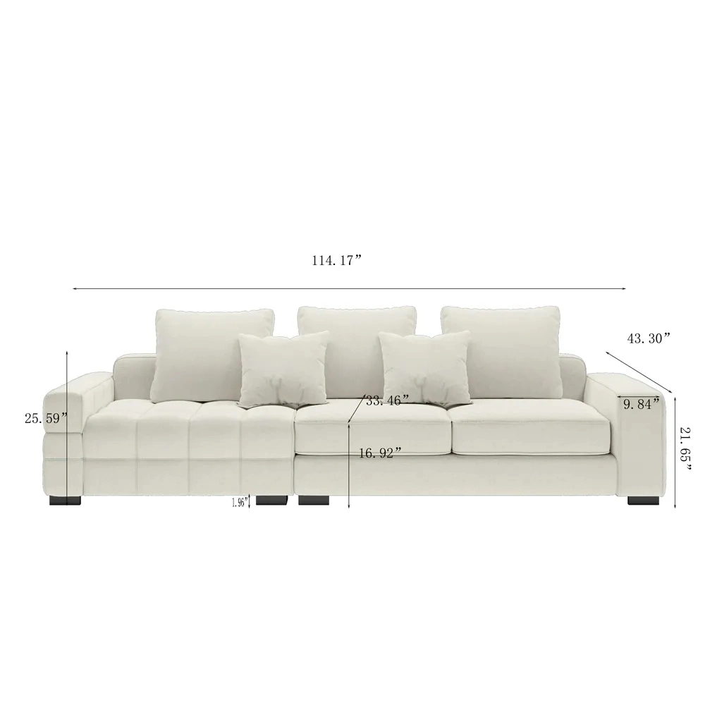 114.17&quot; Minimalist Sofawishtrack Arm Sofa, Deep Seat Couch, Lamb Fleece Fabric, Beige