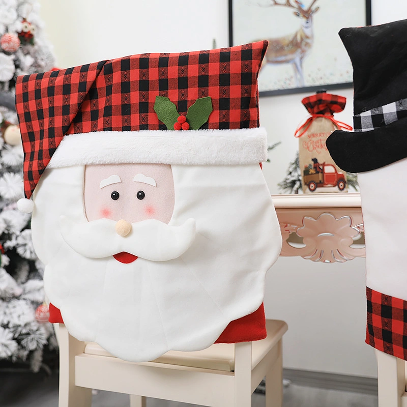 Family Christmas Decorations Red and Black Grid Creative Cartoon Couple Old Man Chair Cover Table and Chair Back Cover for Decoration