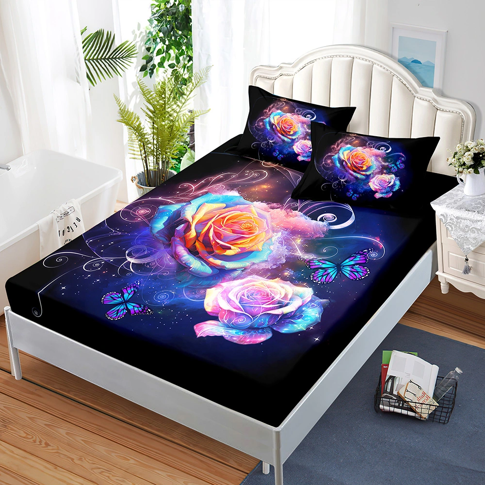 Rose 3D Digital Printing Design Fitted Sheets Set 3PCS Mattress Covers