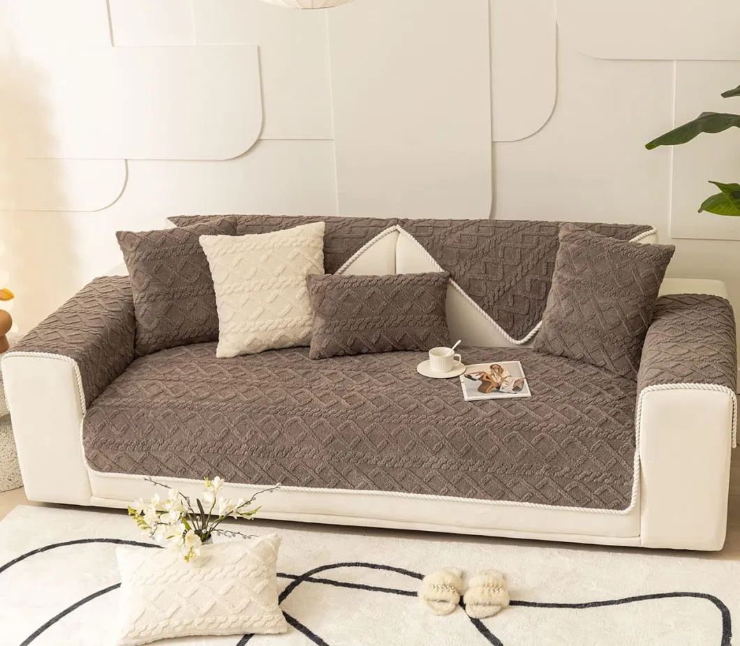 Geometric Jacquard Plush Sofa Couch Covers Farmhouse Neutral Non Slip Sectional Couch Cover