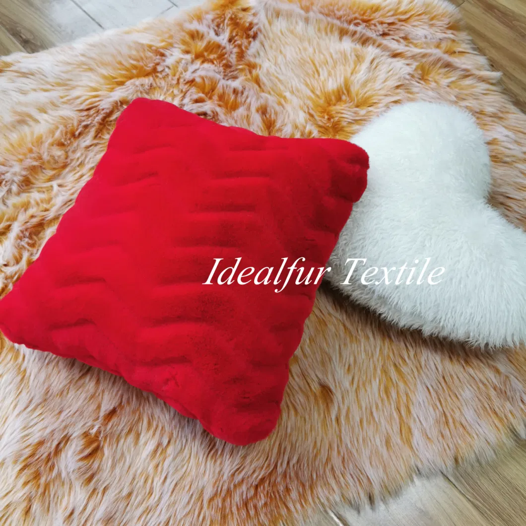 Luxurious Red Embossed Wavy Rabbit Fake Fur Pillow for Sofa