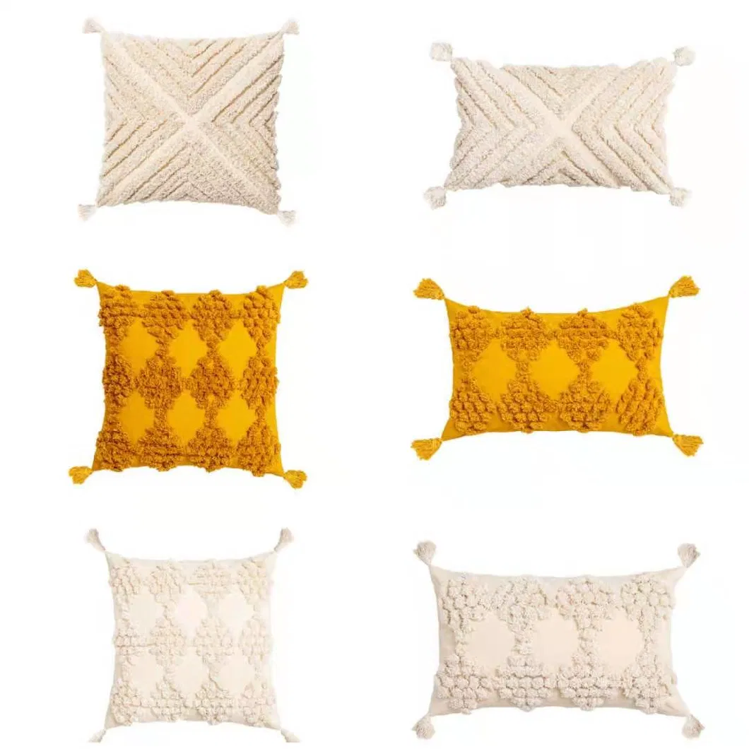 Moroccan Style Cushion Cover Mustard Yellow Beige Pillow Cover Tassels Home Decoration Handmade 45X45cm/30X50cm Cushion for Sofa Bed