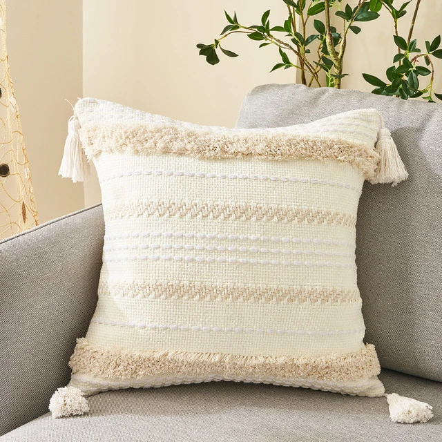 Tassels Boho Cotton Line Beige Cushion Cover Bedroom Living Room Sofa Car Cushion Cover