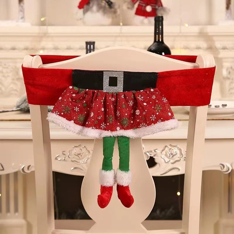 2023 New Fashion Cute Long Legs Elv Christmas Dining Chair Covers with Belts for Xmas Party