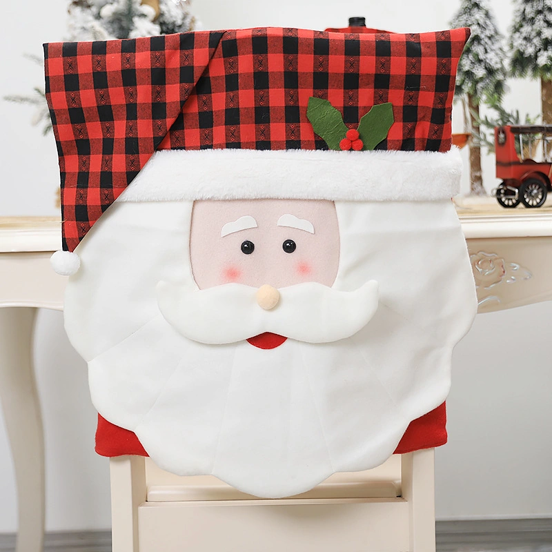 Family Christmas Decorations Red and Black Grid Creative Cartoon Couple Old Man Chair Cover Table and Chair Back Cover for Decoration