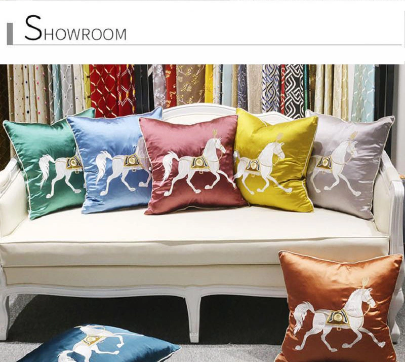 Hotel Supply Sofa Embroidery Horse Light Blue Decorate Throw Pillow Covers