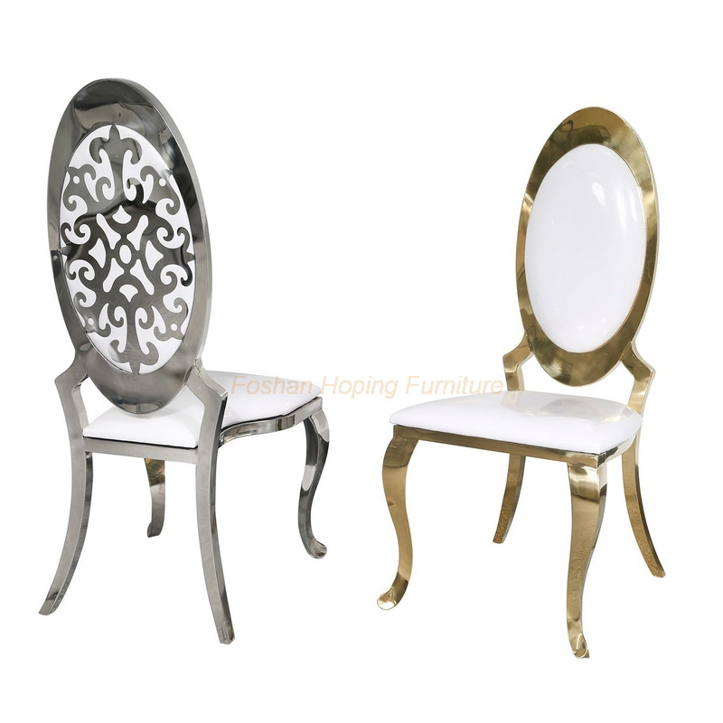 China Produce Factory Gold Silver Stainless Steel Leather Dining Chair with Silver Legs Customized Color Wedding Chair Modern White Hotel Banquet Dining Chair