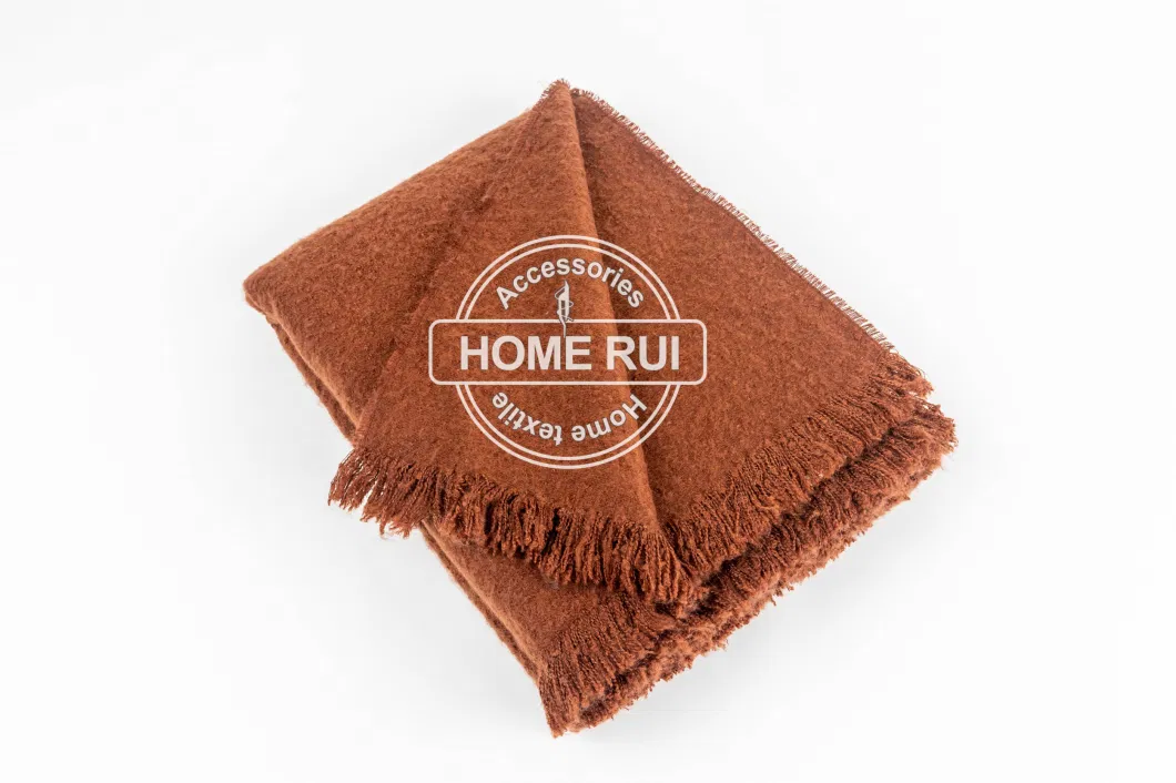 Home Travel Bed Sofa Car Couch Soft Warm Rust Woven Self-Fringe Tassel Loop Yarn Solid Plain Throw Blanket