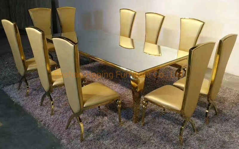 Modern Dining Table and 1+10 Chairs Wedding Cross X Back Event Chairs High Quality Gold Stainless Steel Banquet Chair for Events Rent Restaurant Chair