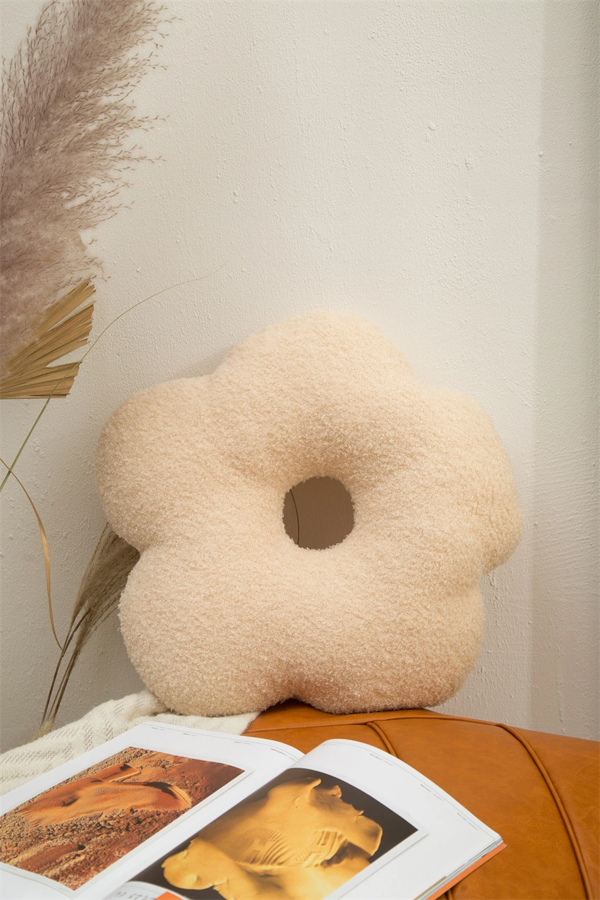 Flower Shape Teddy Fluffy Seat Pad Fluffy Cream Beige Mustard Brown Pillow Cushion