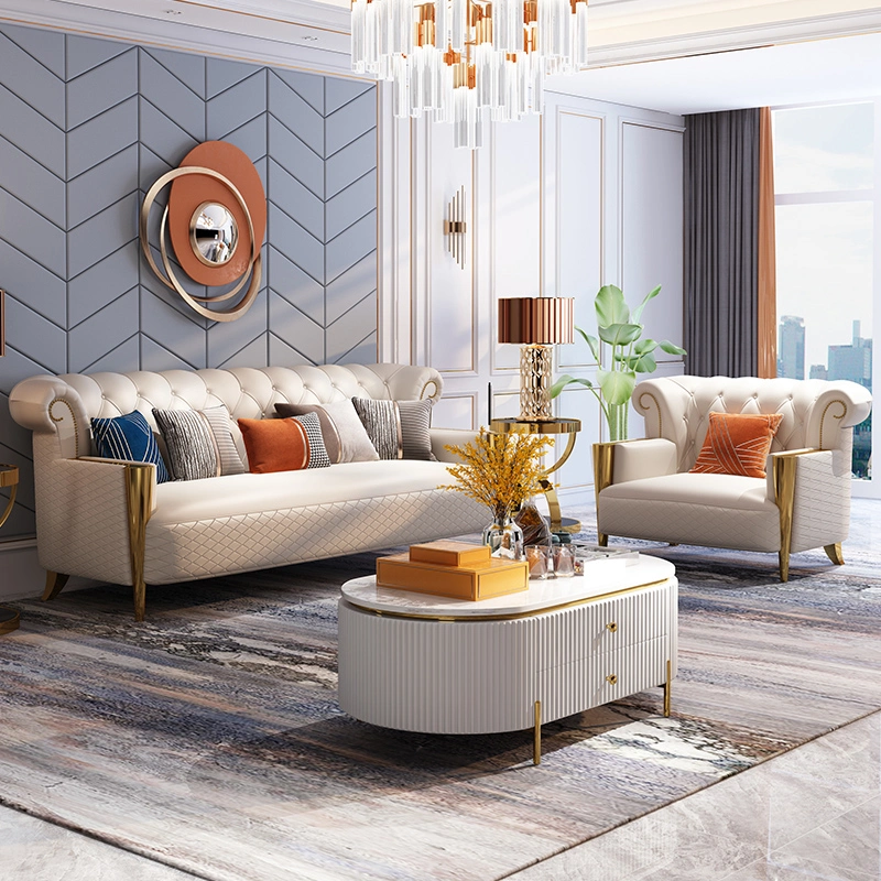 European Living Room Furniture Sofa Chair Modern Luxury 3 Seater Leather Cover Sofa Set