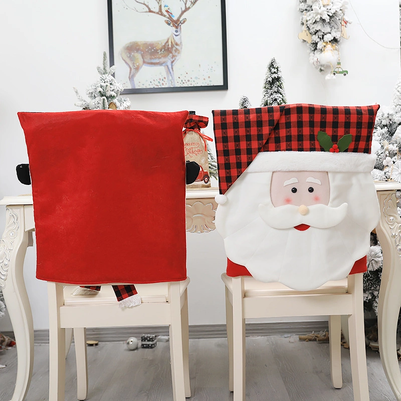 Family Christmas Decorations Red and Black Grid Creative Cartoon Couple Old Man Chair Cover Table and Chair Back Cover for Decoration