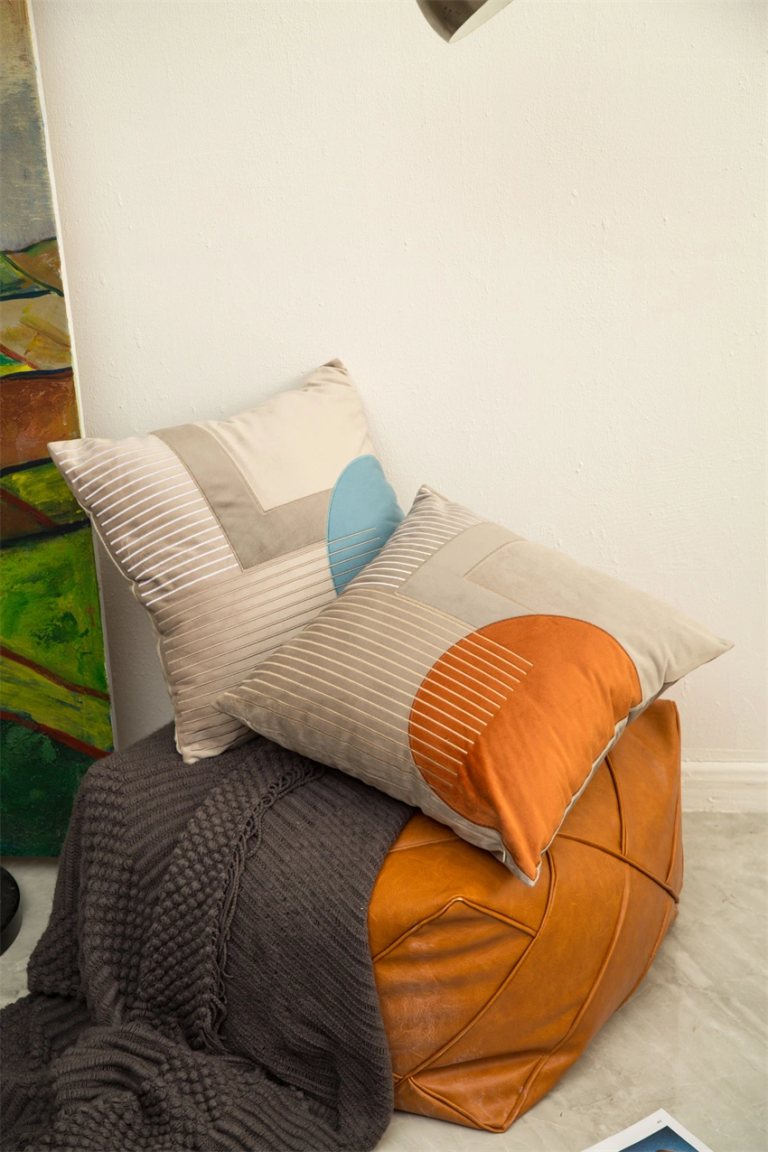 Hand Line Embroidery Geometric Pillow Cover Terra Mustard Aqua Appliques Home Decoration 45X45cm Pillow Sham Cushion