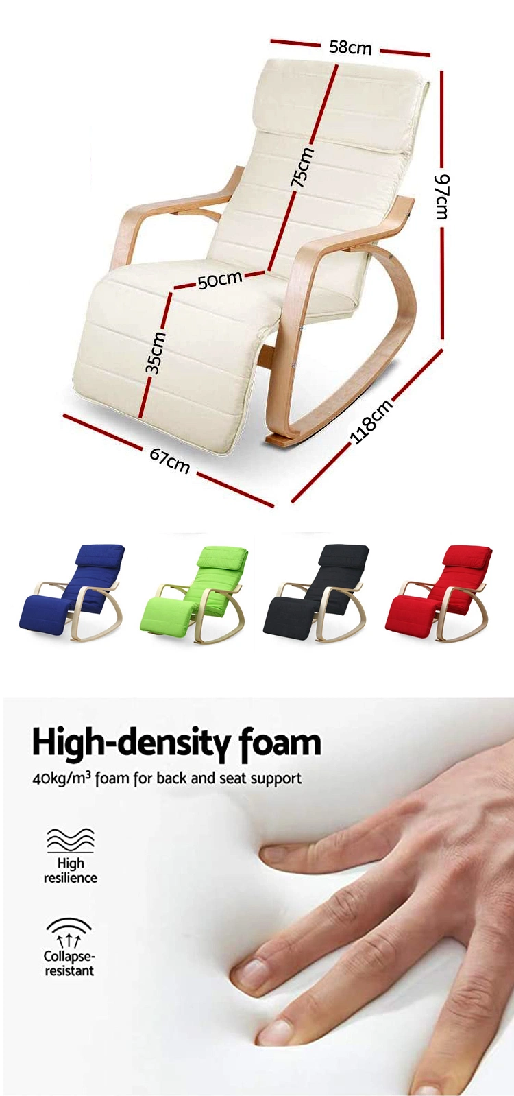 Birch Wood with Adjustable Footrest Removable and Washable Cover 150kg Load Capacity