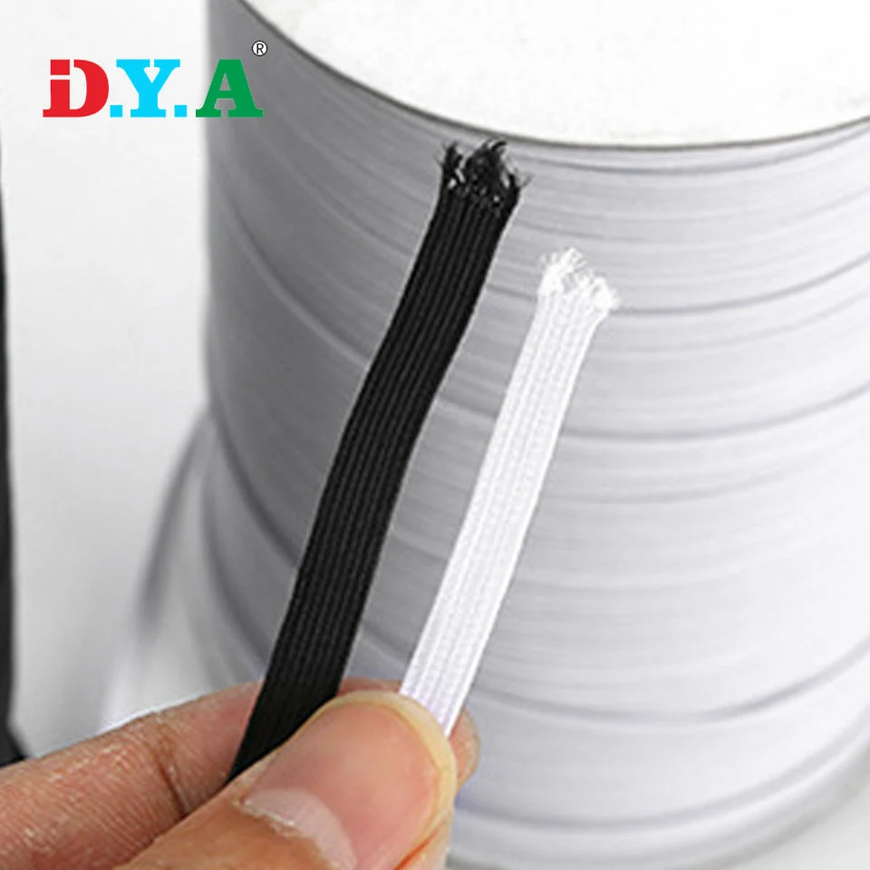 White Black 5mm Flat Polyester Braided Elastic Band for Garment