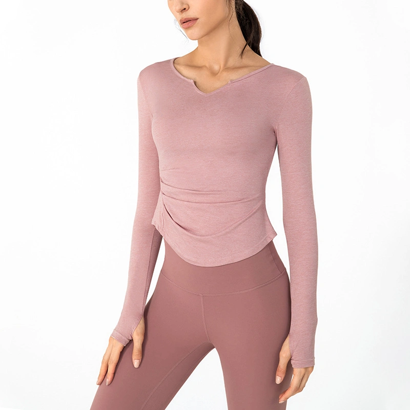 2023 Loose Solid Color Long Sleeve Top Women V-Neck Slim Running T-Shirt Sports Tops Cover-UPS Female