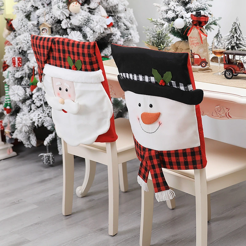 Family Christmas Decorations Red and Black Grid Creative Cartoon Couple Old Man Chair Cover Table and Chair Back Cover for Decoration