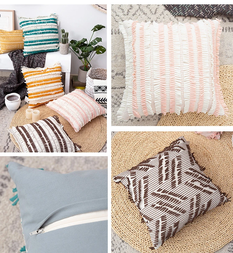 Tassels Cushion Cover Brown Pink Blue Yellow Floral Square Pillow Case Stripe Twill Pillow Cover Home Decoration Sofa 45X45cm