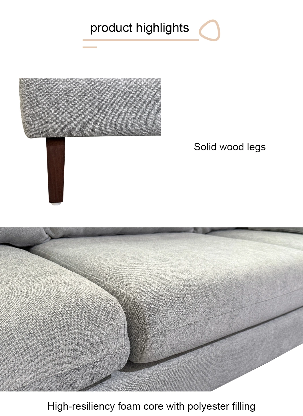 Modern Waterproof Fabric Sofa 3 Seater Wood Frame Sectional Sofa