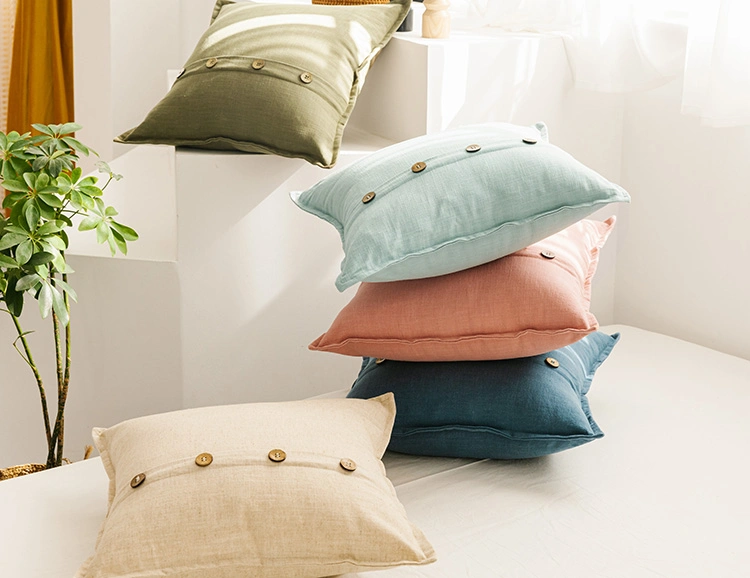 Solid Cotton Linen Cushion Cover 45X45cm Pink Blue Green Beige for Couch Bed Home Decoration Pillow Cover Coconut Button