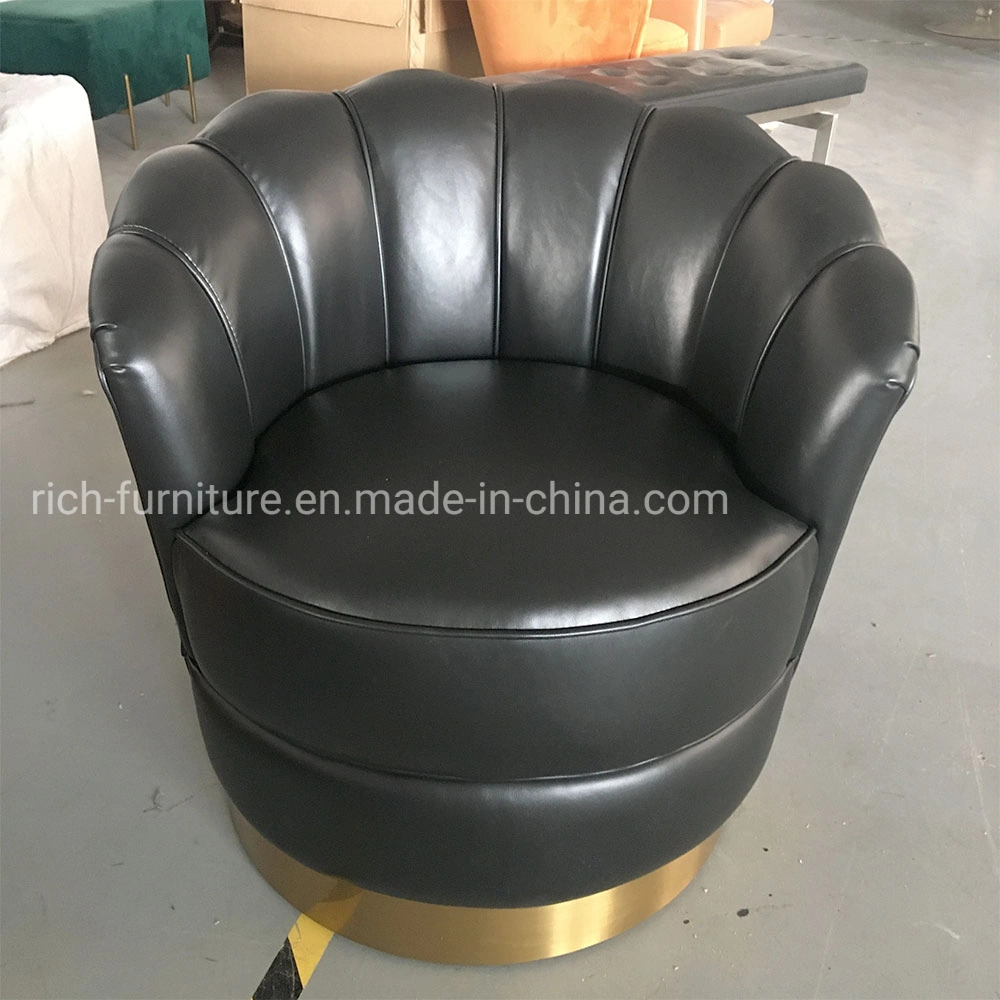 New Metal Base Swivel Accent Chair with Leather PU Cover for Living Room Black Tub Chair