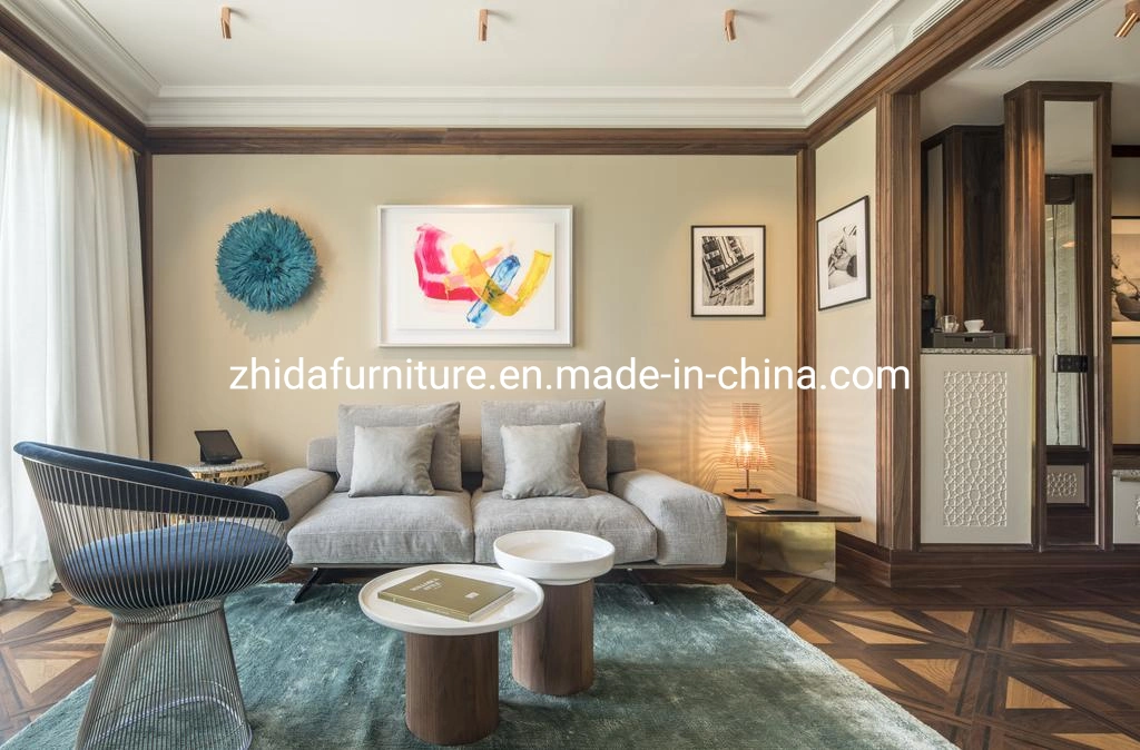 Zhida Hotel Furniture Supplier Vacation Apartment Living Room Fabric Sofa Bedroom Furniture Set King Size Fabric Bed with Leisure Chair