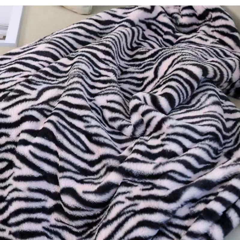 Zebra Print Fake Rabbit Fur Blanket of Throw Hoodie Bedding